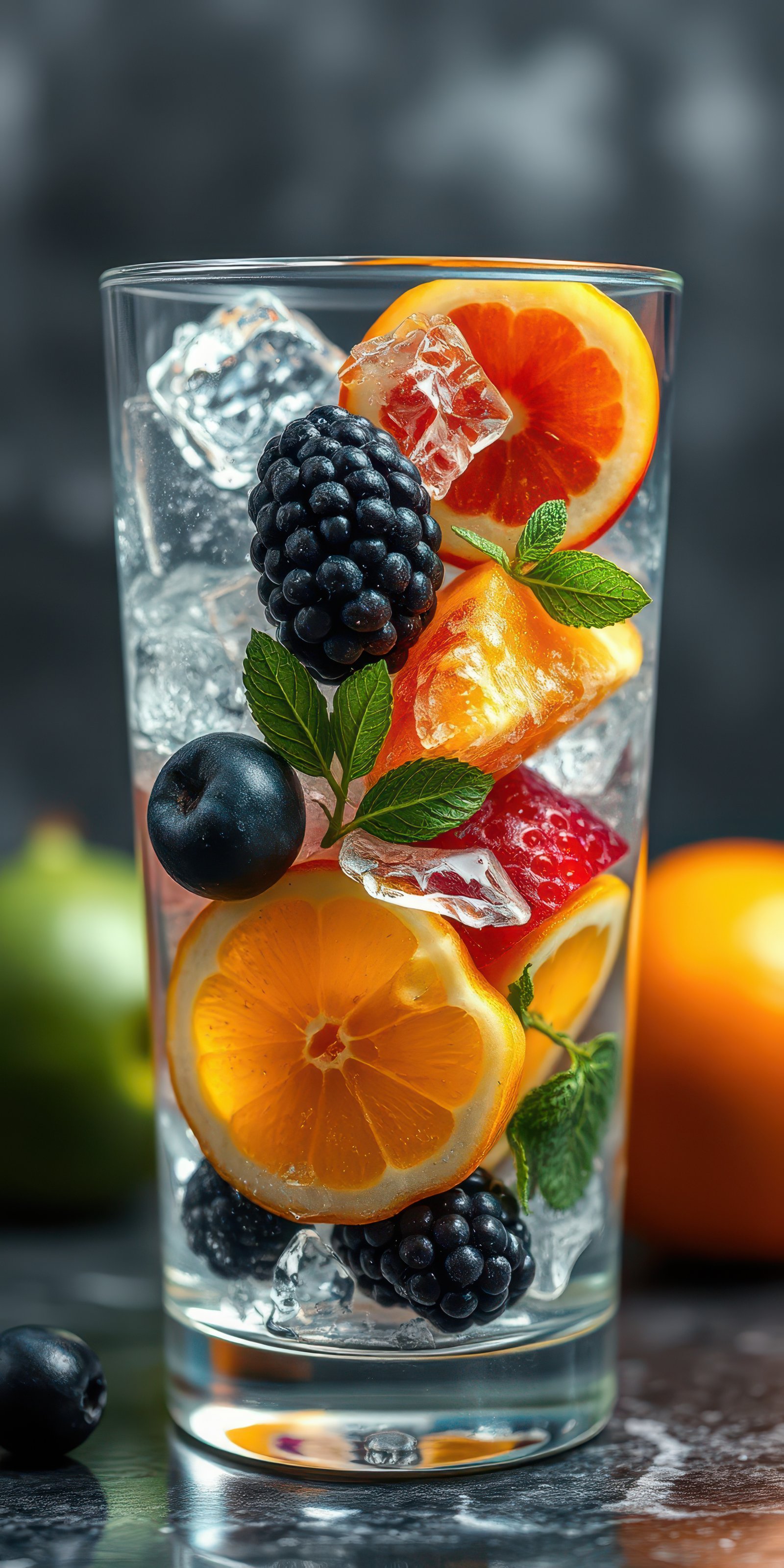 Fresh fruit cocktail served in a tall glass with ice and mint at a vibrant setting